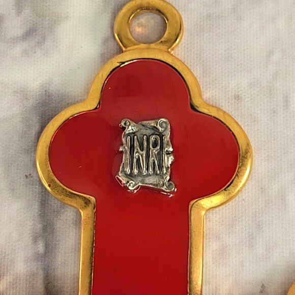 Gold Metal & Red Enamel Crucifix Jesus Wall Figure INRI Inscription 7x4.5" Italy - Picture 3 of 9